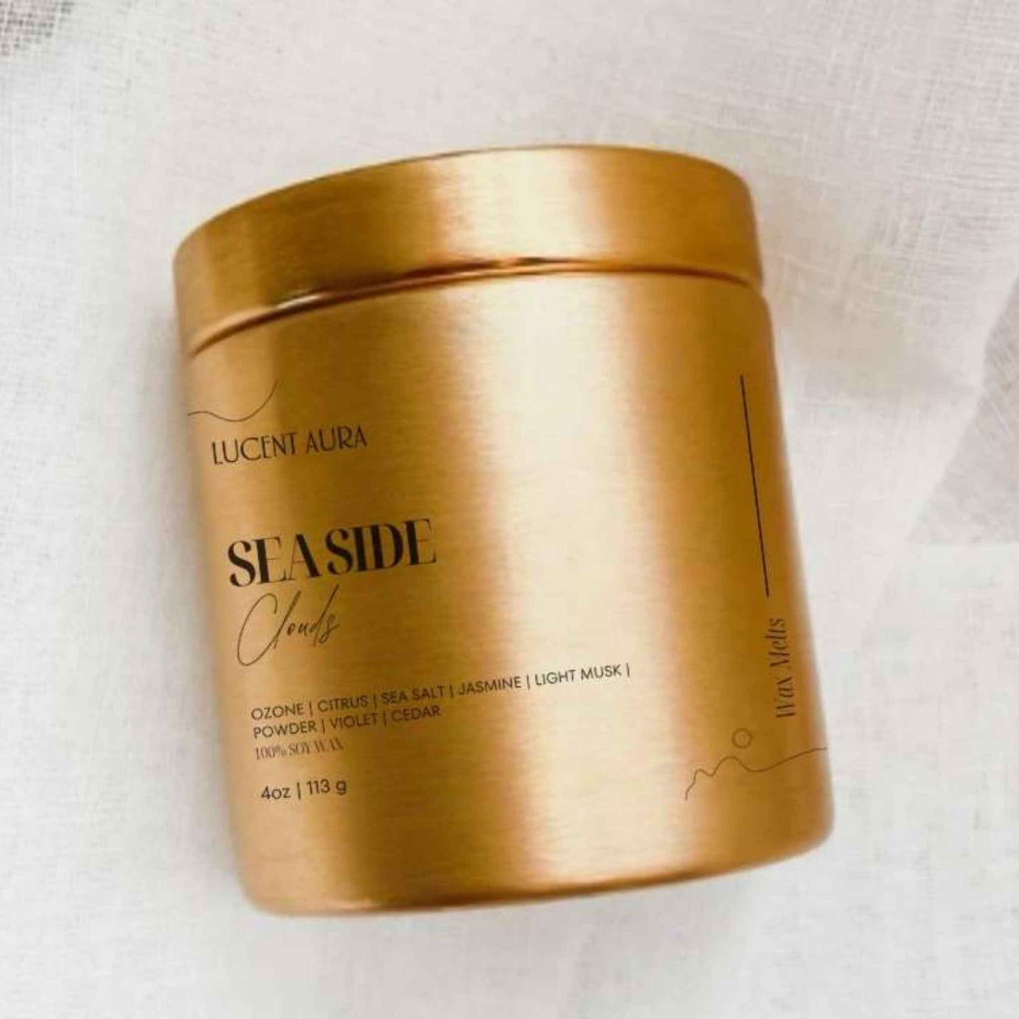 Gold container with 'Lucent Aura' branding on a white background