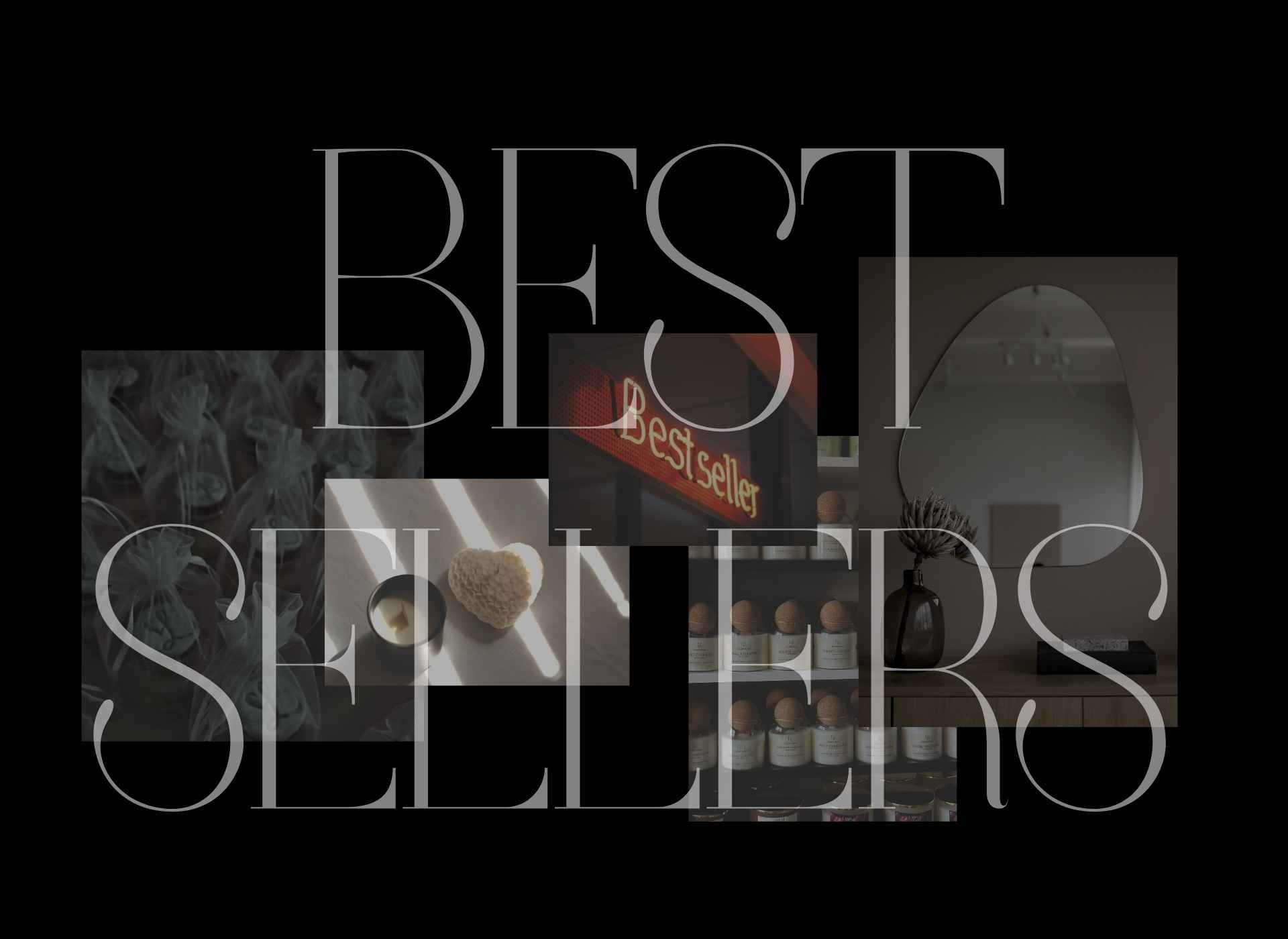 Promotional image with 'Best Sellers' text overlaying product images on a black background
