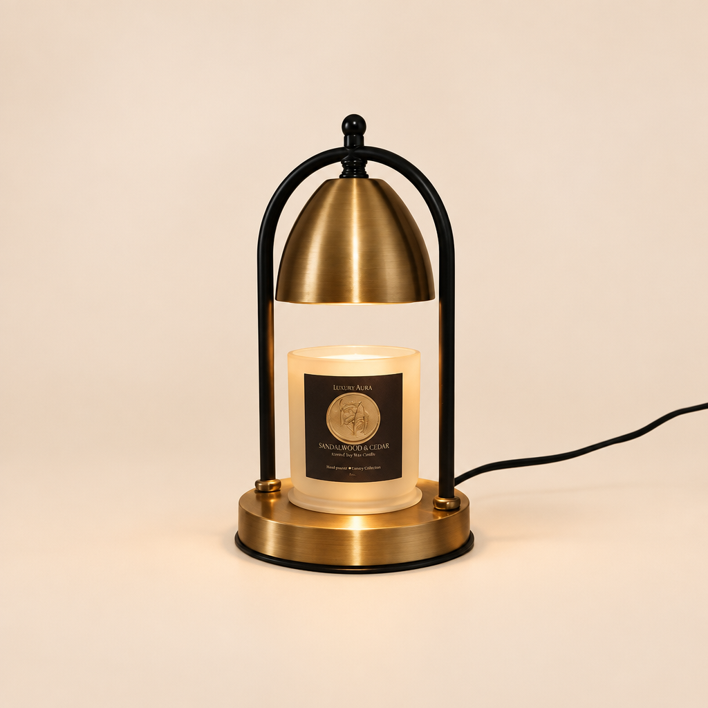 a candle warmer with a candle set on a dark marble countertop.