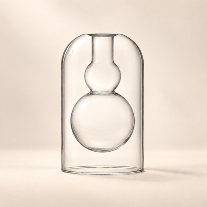Clear glass double-walled vase with a rounded bulbous body and a short neck, enclosed in a matching clear glass dome-shaped outer cover, set against a warm beige background.