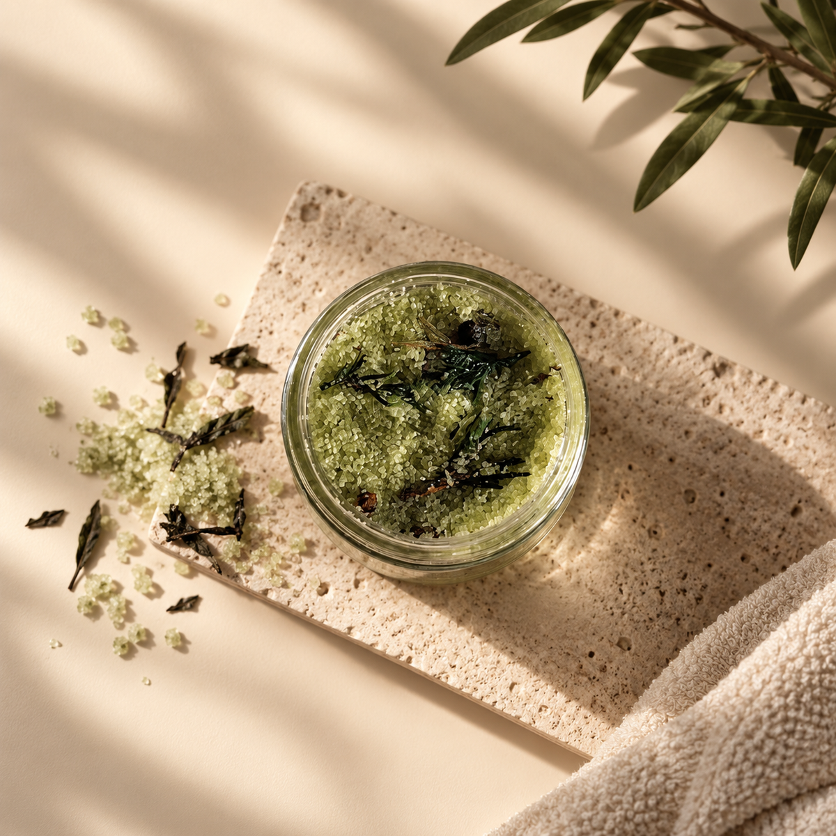 A small clear glass jar filled with green bath salts or scrub sits on a textured beige stone slab, with dried leaves scattered nearby and a soft cream towel in the foreground. Warm natural light casts leaf shadows across the scene.