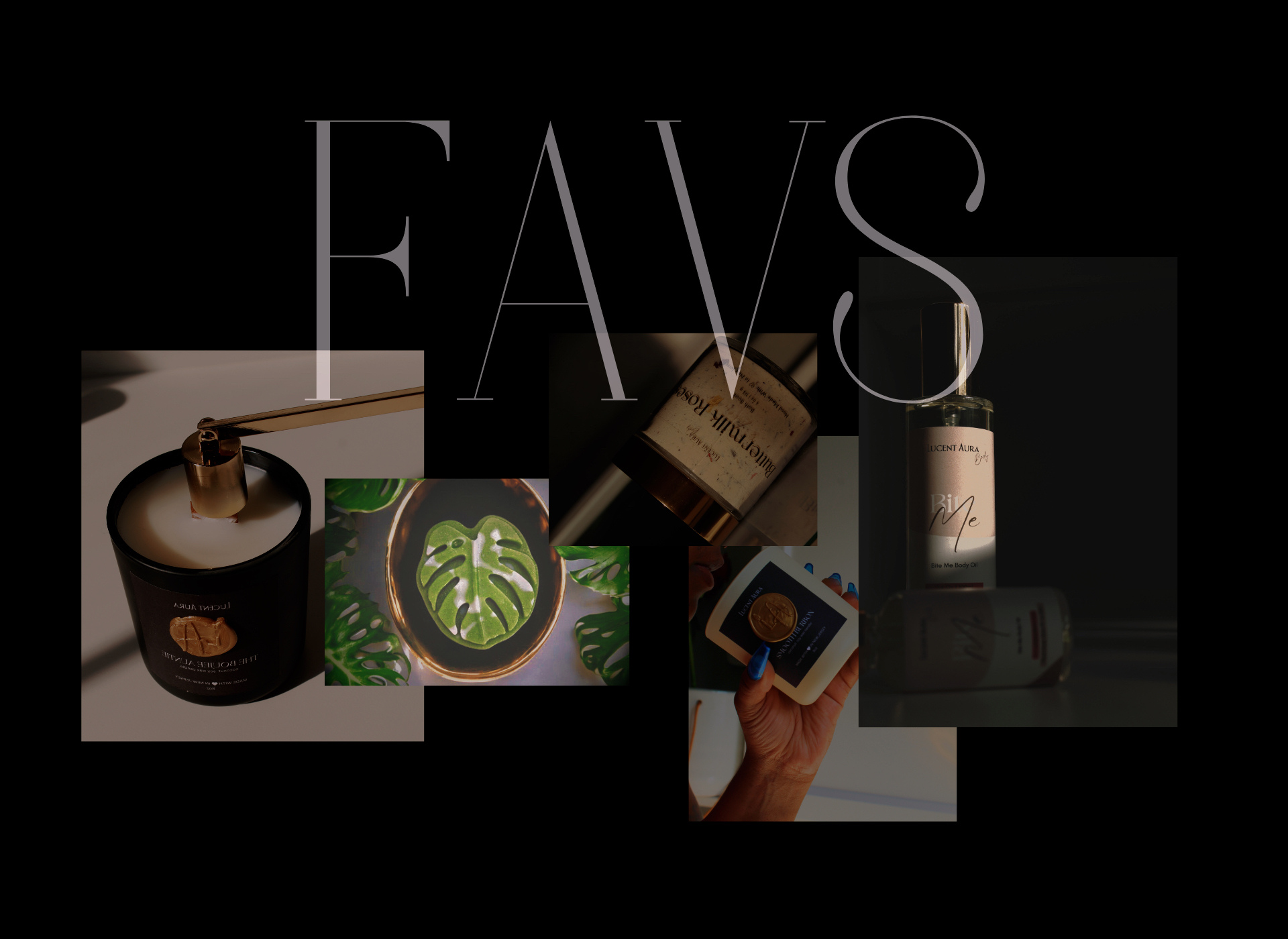 Collage of various products with 'Favs' text overlay on a dark background