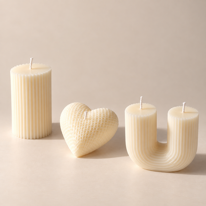 Three cream-colored decorative candles on a warm beige background: a ribbed pillar candle, a ribbed heart-shaped candle, and a ribbed U-shaped candle.