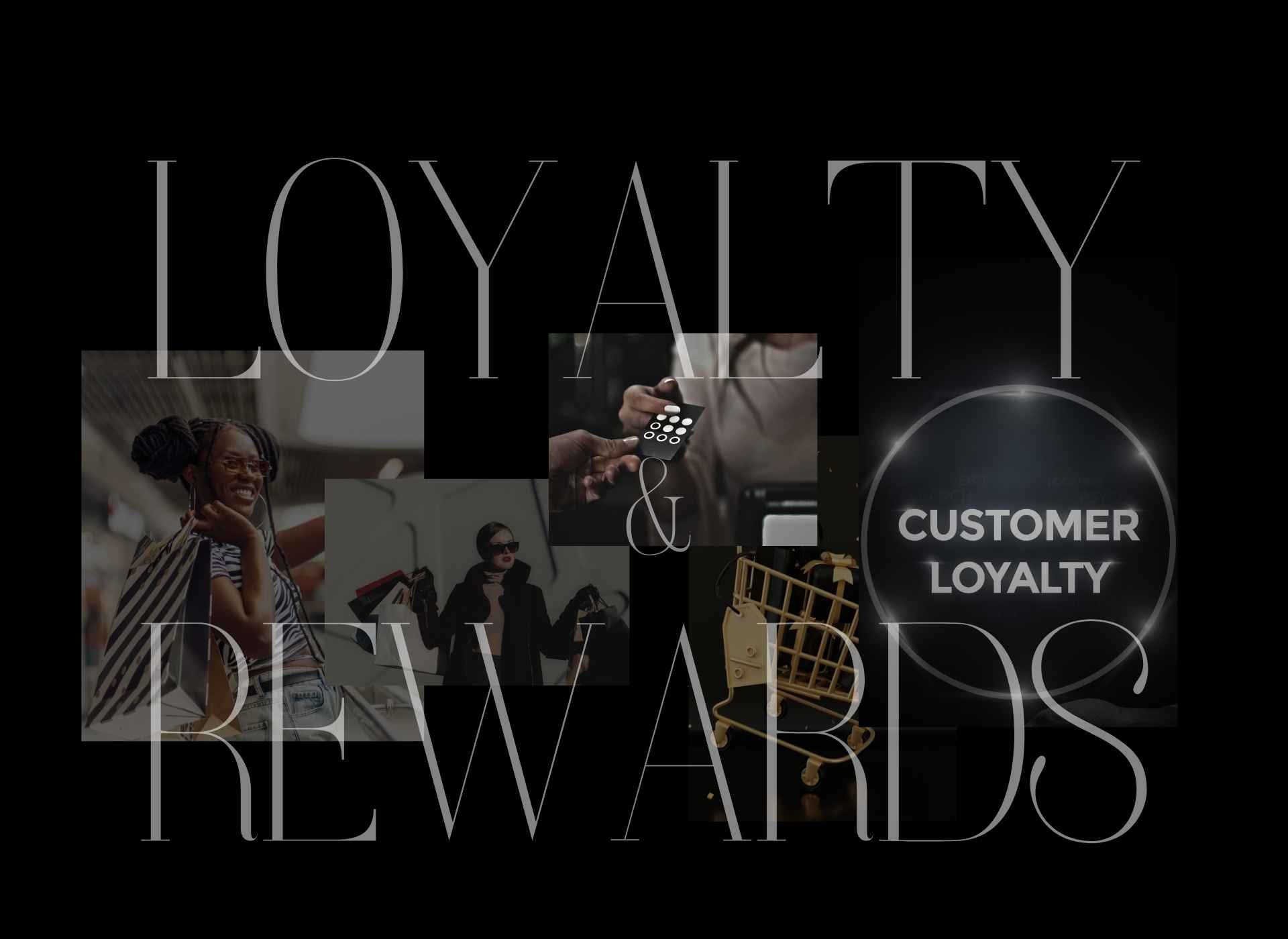 Collage of people with text 'LOYALTY REWARDS' and 'CUSTOMER LOYALTY' on a black background.