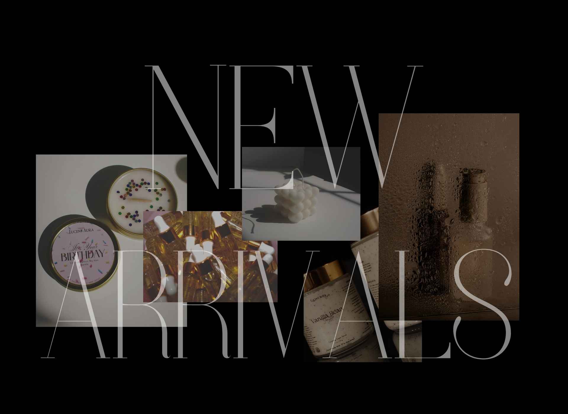 Promotional image with 'NEW ARRIVALS' text and product images on a black background