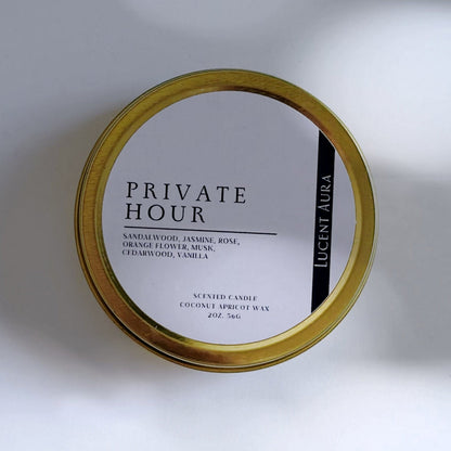 Round container with 'Private Hour' label on a white background