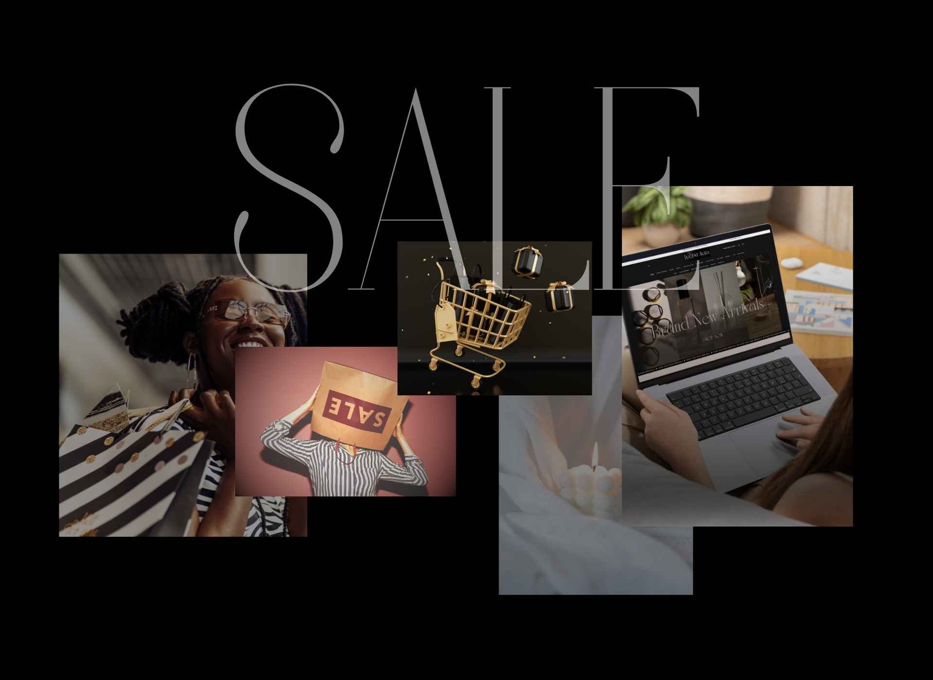 Collage of people using technology with a 'SALE' text overlay on a black background