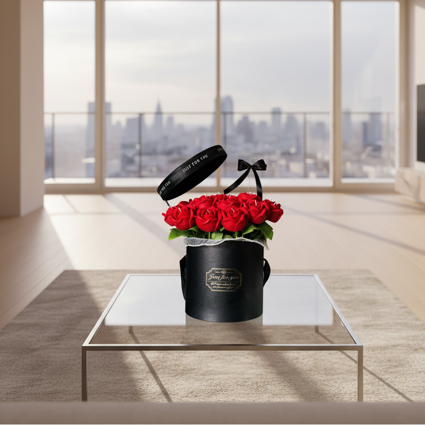 Black ring box with red candle roses on a glass table in a modern living room with city view
