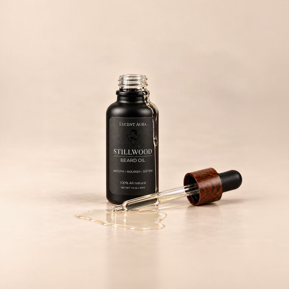 A bottle of Lucent Aura Stillwood Beard Oil with its glass dropper and wooden cap placed beside it on a beige surface.