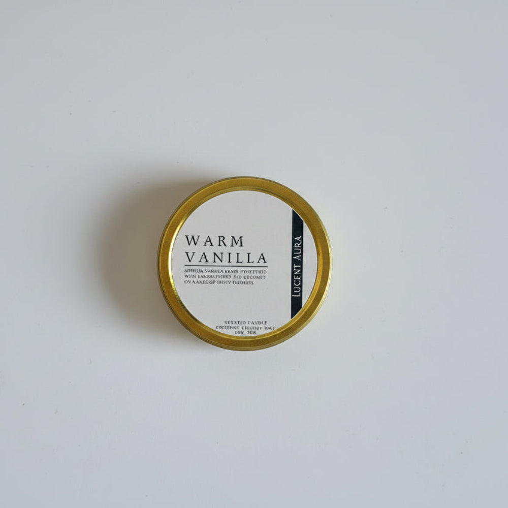  candle 'Warm Vanilla' on a white background in a gold tin