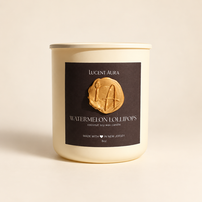 A 8oz soy wax candle in a cream-colored glass jar with a dark brown label and a gold wax seal. The label reads 'Lucent Aura' and 'Watermelon Lollipops'.