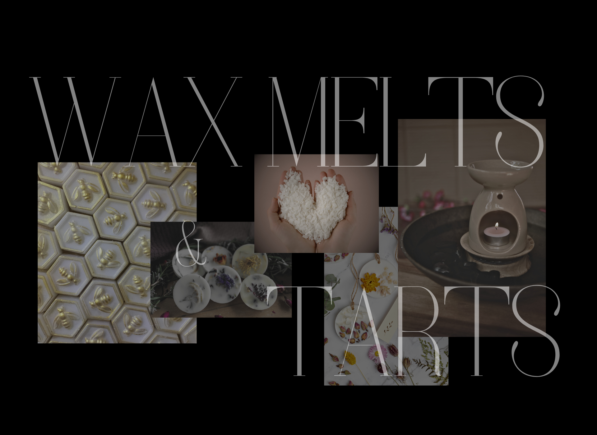 Promotional image for wax melts and tarts with various product images and text overlay.