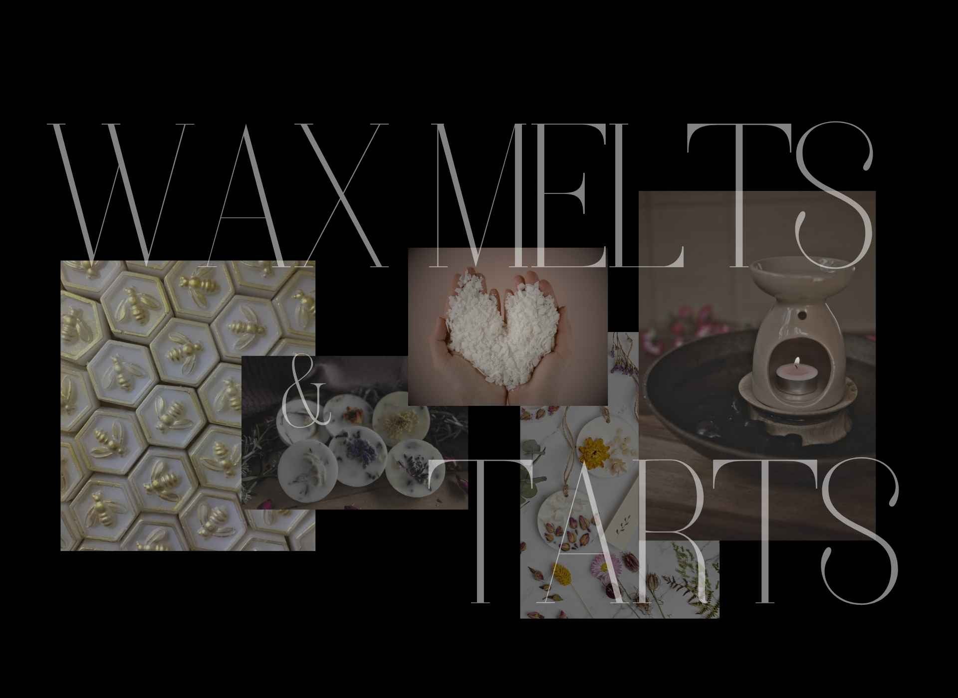Collage of wax melts and tarts with decorative elements on a black background.