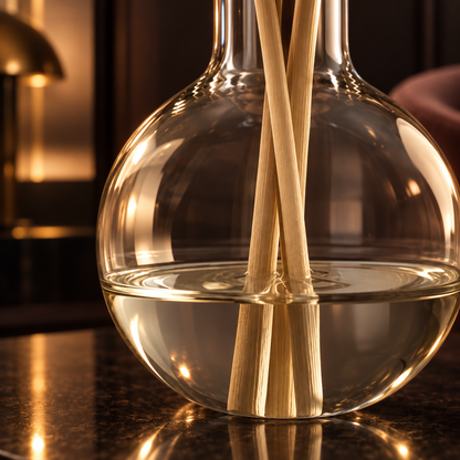 A clear glass round diffuser bottle with a small neck and wooden reeds partially submerged in water, set on a dark reflective surface with warm ambient lighting.